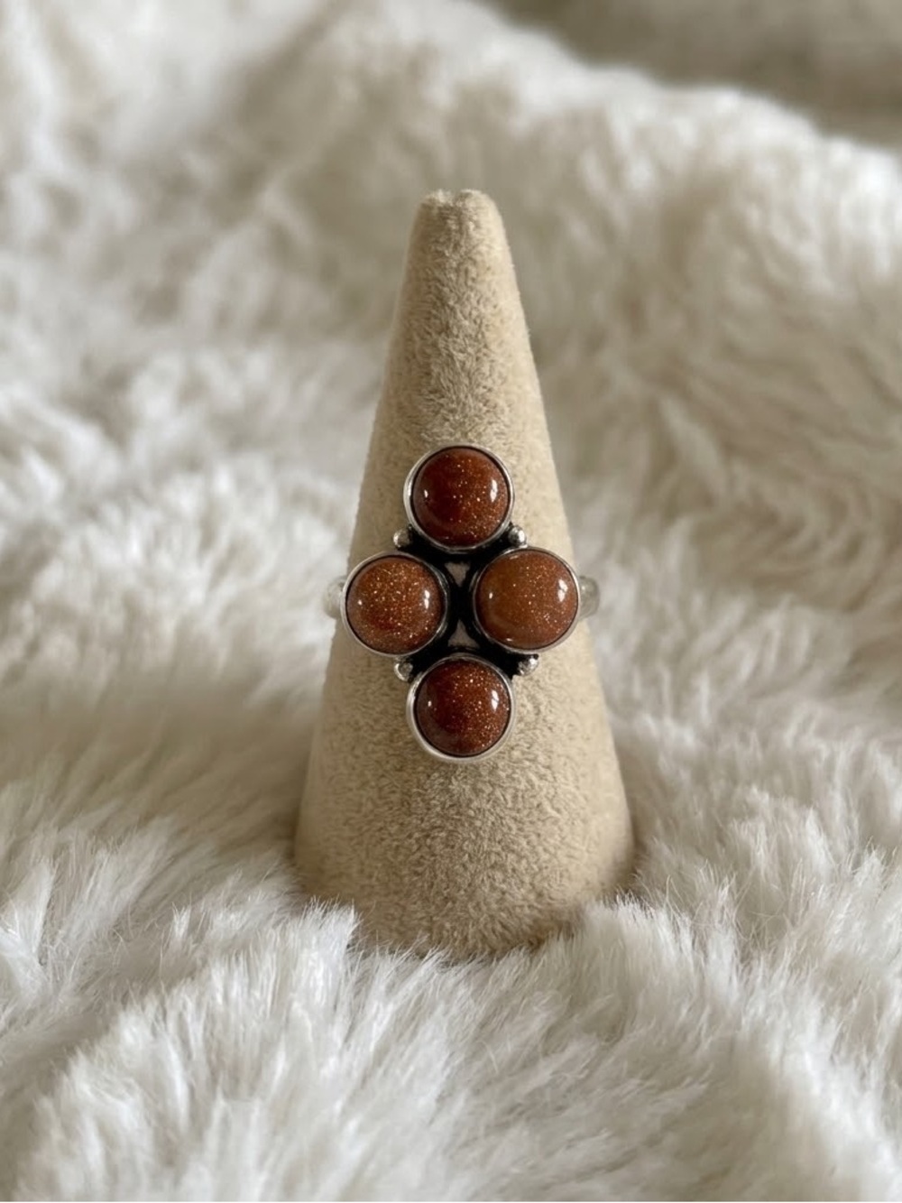 Brown Goldstone Cluster Ring Heavy Silver Plate Cabochon Statement Size 8.5